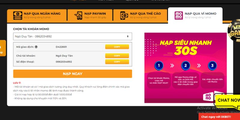 Dùng ví Momo để nạp tiền Debet